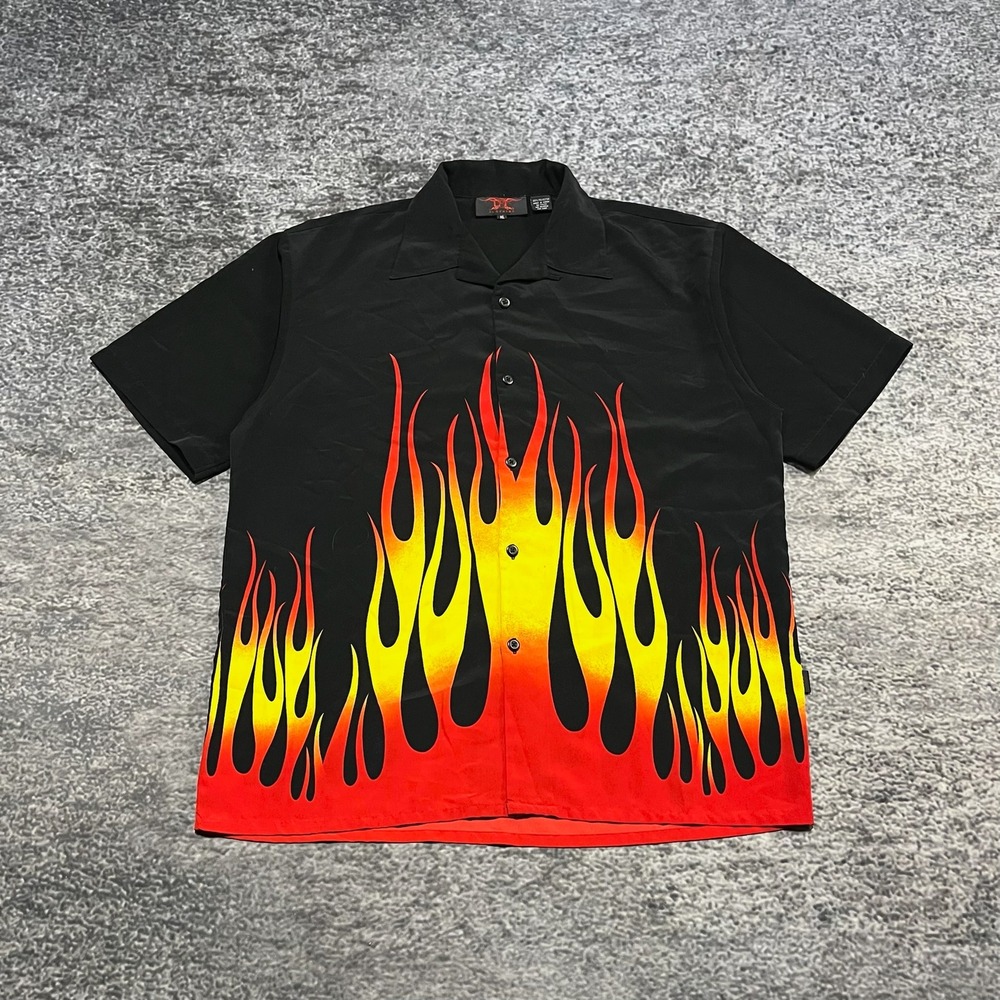 Vintage DF Clothing Button Up Shirt Mens XL Flames Grunge Y2K 2000s